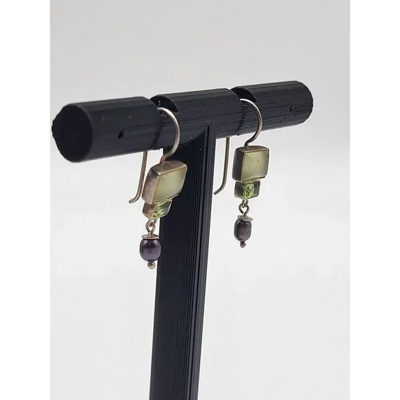 VTG 925 Sterling Silver Earrings Dangle Drop Green Gemstones Pearl Dainty - Picture 4 of 8